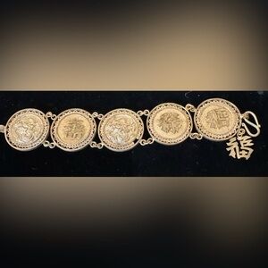 Silver Coin Dragon and Chinese Character Bracelet Marked SAIGON